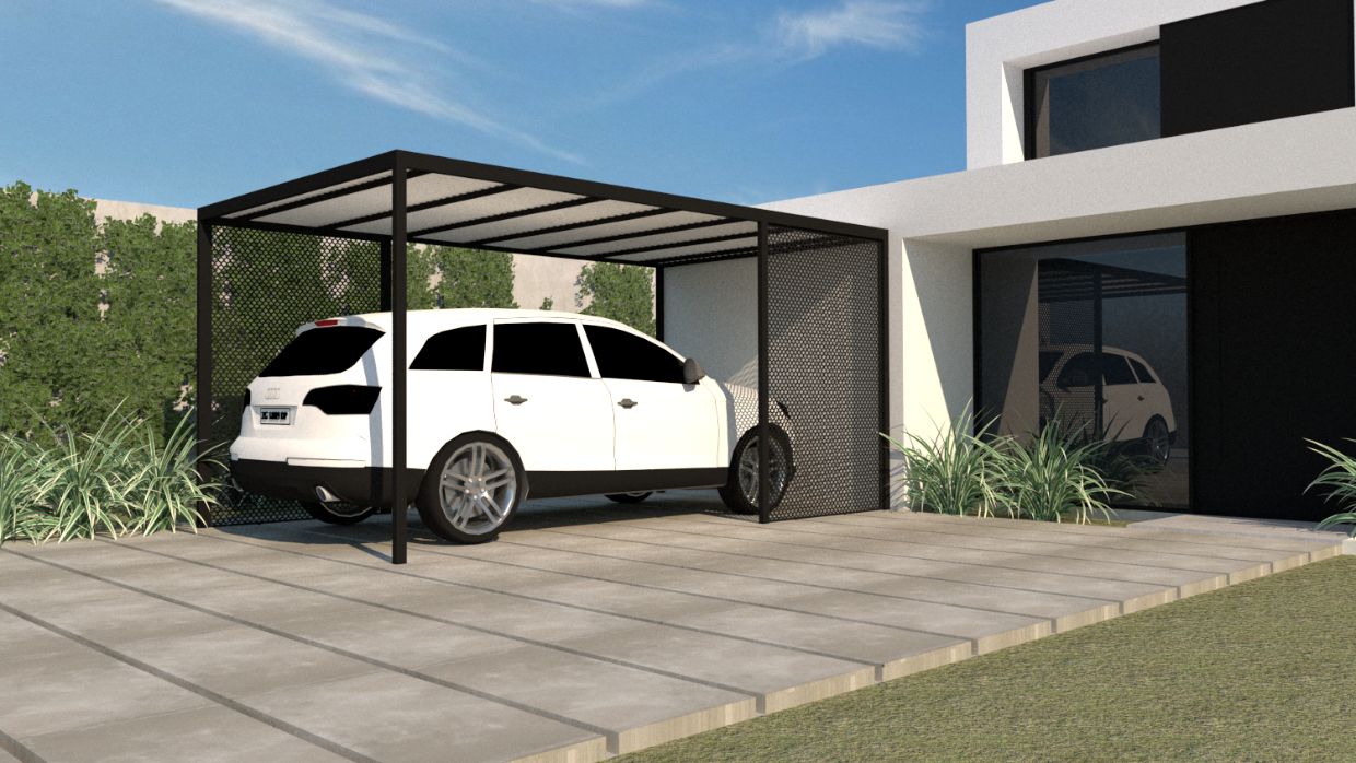 Garage con estructura metálica y techo de chapa